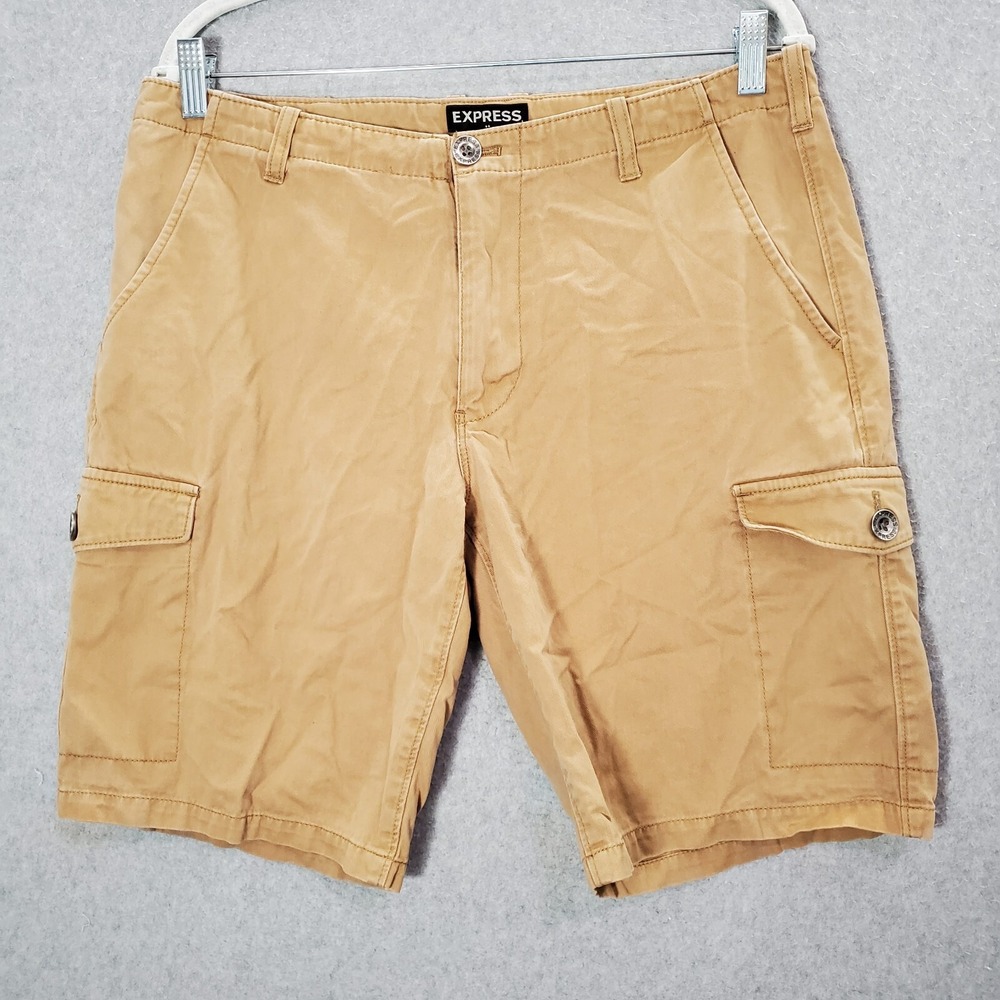 Express Men Shorts 32 Beige Cargo Outdoor Hiking Pockets Inseam 10" READ